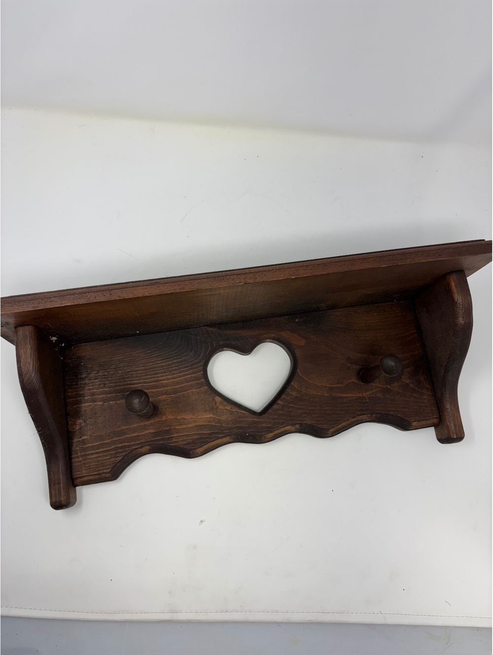 Rustic Wooden Wall Shelf with Heart Cutout and Pegs